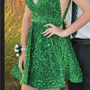 Emerald Green Sequin Fit and Flare Dress for Prom